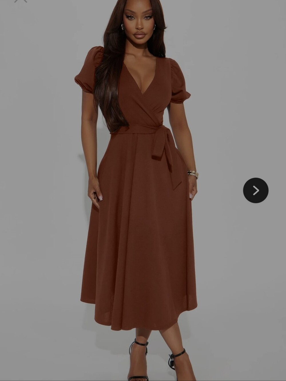 Fashion Nova Chocolate Brown Wrap Midi Dress with Puff Sleeves